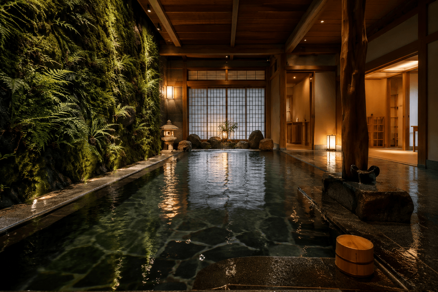 The onsen at Yumori — ferns on a moss wall, a stone lantern at the water's edge, a shoji-screened bath at low light