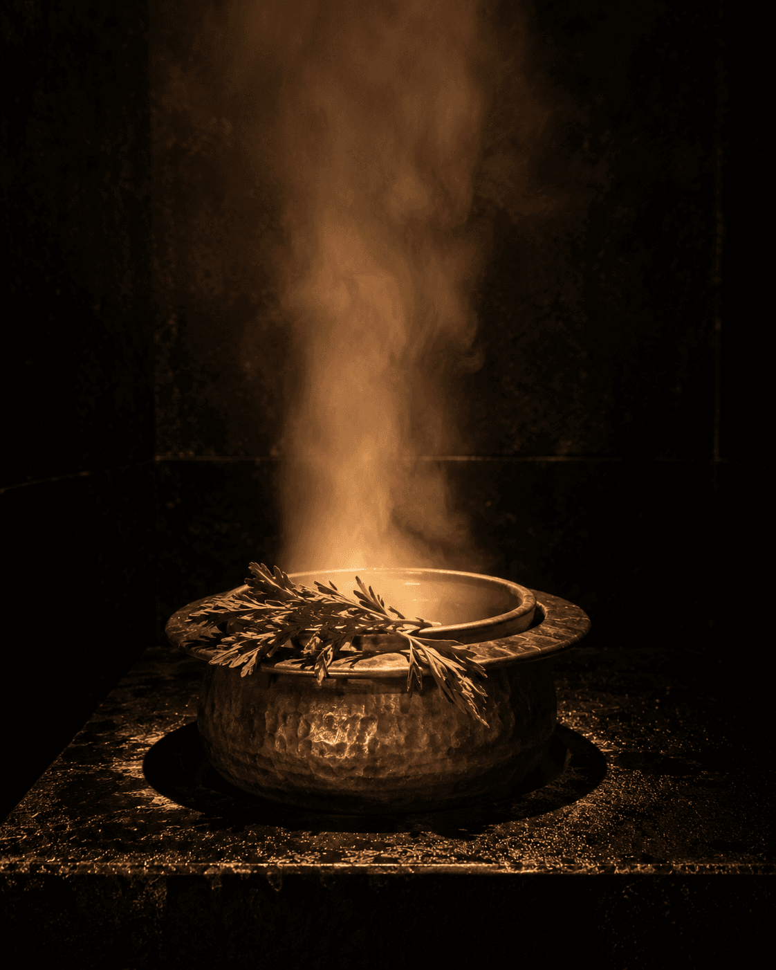 A small bronze diffusion vessel on a black stone plinth at Yumori, a column of warm steam rising lit from below, a sprig of yomogi resting across the rim