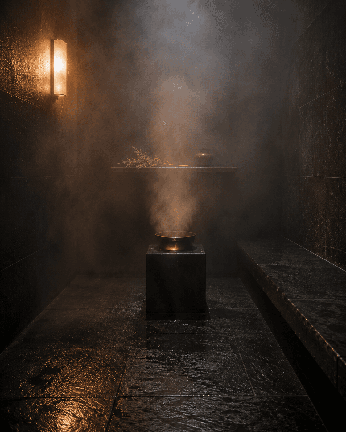 The steam room at Yumori — dark walls dissolving into aromatic steam, a single warm sconce catching the rising column