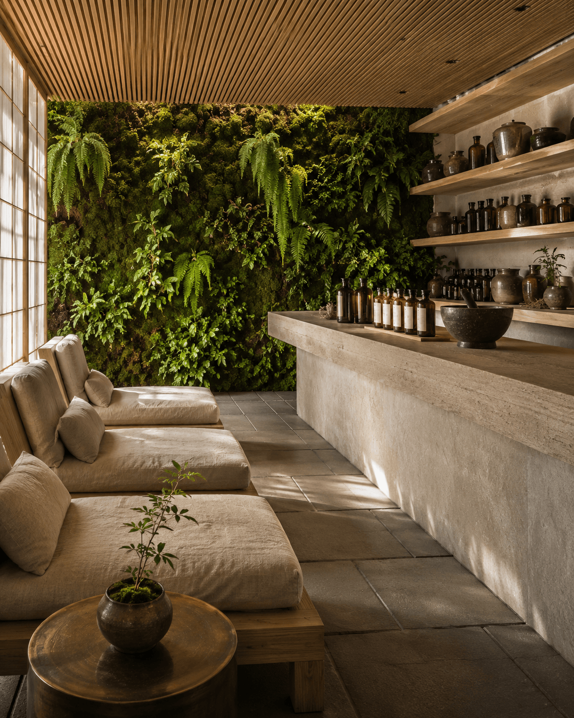 The Table lounge at Yumori — a living moss wall and hanging ferns beside a pale stone apothecary bar lined with amber bottles and ceramic jars, linen lounge seating in warm daylight